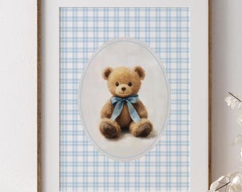 Vintage Bären-Kinderzimmer-Dekor - Blaue Kinderzimmer-Kunst - Vintage Jungen-Kinderzimmer-Druck - Jungen-Kinderzimmer-Dekor - Blaue Schleife-Kinderzimmer-Druck - Junge Vintage Kunst