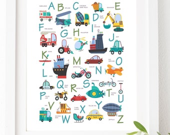Fahrzeug Alphabet Kinder Kunstdruck, Transport Alphabet Drucke, Transport Alphabet Poster, Kinder Wandkunst, Jungen Schlafzimmer Dekor, H3111