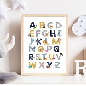 Póster con el alfabeto de animales - Impresión del alfabeto de la marina - Póster del alfabeto - Arte de pared con el alfabeto para niños - Decoración de guardería - Alfabeto imprimible - Impresión del alfabeto - H2174