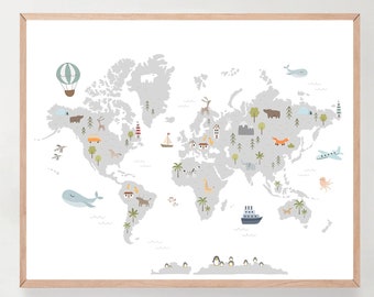 Nursery world map print - Kids world map art - Printable world map - Children art prints - Nursery wall art - Nursery decor - H2586