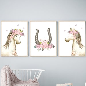 Decoração para quarto de cavalo - Gravuras de arte de cavalo para meninas - Impressão para quarto de cavalo - Arte de parede para pônei - Impressões florais de cavalo - Impressão de cavalo em aquarela - H2234
