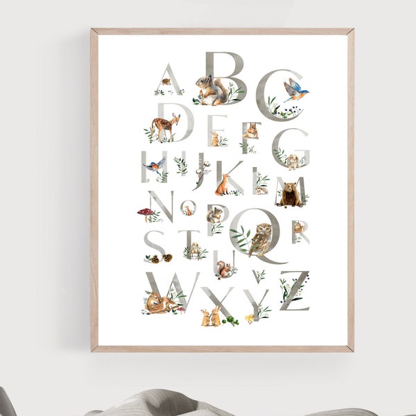 Woodland Alphabet poster - Animal ABC - Printable wall art - Woodland nursery decor - Educational print - Kids decor - DIGITAL DOWNLOAD
