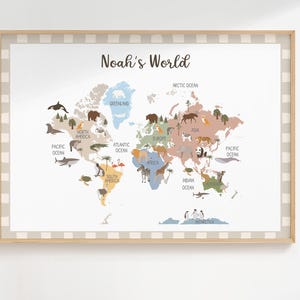Personalized Kids Animal World Map, educational world map art print, custom kids name world map, Children’s bedroom, Kids Wall Art, H3714