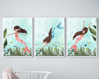 Mermaid art prints - Girls room decor - Mermaid wall art - Mermaid nursery - Printable mermaid wall art - Mermaid prints nursery - H2543
