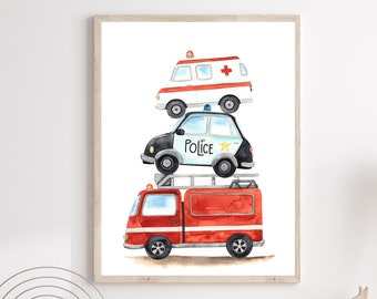 Emergency vehicles print - Boys room prints - Fire Engine decor - Ambulance poster - Police car wall art - Boy Toddler wall art - H2418