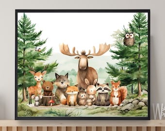 Art mural de chambre d'enfant des bois, fichiers numériques, animaux de la forêt, impression d'ours, impression d'aquarelle, impressions de chambre de bébé, animal de la forêt mignon, neutre sexiste
