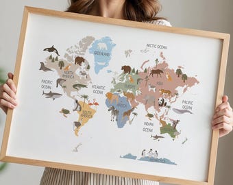 Weltkarte Tiere zum Ausdrucken - Poster für Kinder – Lerntiere Weltkarte Druck – Kinderzimmer Wandkunst – Wildtier Kontinente Karte – Digital