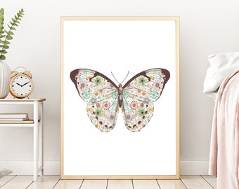 Butterfly wall art - Butterfly printable - Floral Butterfly - Pink Butterfly print - Girls room print - Butterfly print - Butterfly poster