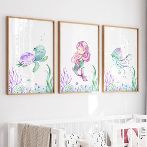 Mermaid nursery wall art, Mermaid prints, Nursery wall art, Girls room decor, Nursery prints, Under the sea, instant download, H3026