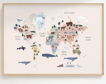Tier Weltkarte für Kinder, Kinder Tier Weltkarte, Lern-Safari Tier Poster, Kinderzimmer Wandkunst, Baby Zimmer Dekor, druckbare Tierkarte