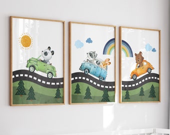 Barnrumstavlor med fordon, utskrivbara väggkonst för barnrum, barnrumskonst för pojkar, barnrumskonst med djur som kör bilar, pojkrumsdekor, babyshower