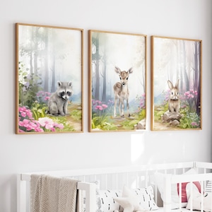 Waldtier Drucke, Mädchen Poster Druckbare Wand Kunst, Waldtiere Kinderzimmer Dekor, Aquarell Hirsch Waschbär und Kaninchen Drucke, H3028