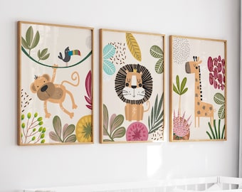 Láminas de pared para guardería de animales de safari, decoración de safari, decoración de guardería, arte para dormitorio infantil, impresión digital, regalo para baby shower, H2940