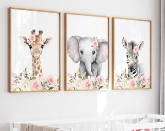 Safari Nursery decor, Safari nursery prints, Nursery wall art, Set of 3 Safari baby animal prints, Original art, kids room decor, H2977