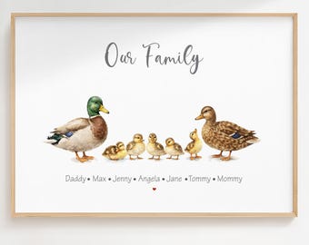 May include: A framed watercolor print featuring a duck family. The image includes a male duck with a green head, a female duck, and several ducklings. The text "Our Family" is at the top, with names below.
