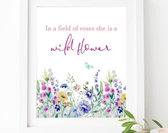 Arte floreale con fiori selvatici, Arte murale con fiori selvatici, Decorazione con fiori selvatici, Citazione di affermazione positiva, Stampa digitale ad acquerello, H3131