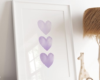 Purple Watercolor hearts print - Heart print - Heart nursery decor - Purple watercolor print - Girls room decor - Printable girl wall decor