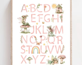 Fairy Alphabet Wall Art Printable, Fairy nursery decor, Pink and green nursery prints, Girls room art, Fairy abc, Woodland fairy print