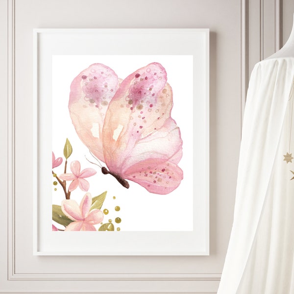 Pink butterfly art print - Girls bedroom decor - Butterfly print - Printable butterflies - Farmhouse nursery decor - Butterfly wall art