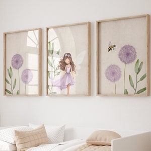 Fairy digital prints - Dandelion wall art - nursery art - nursery decor - Girl Nursery - Purple nursery decor - Fairy wall art - H3004