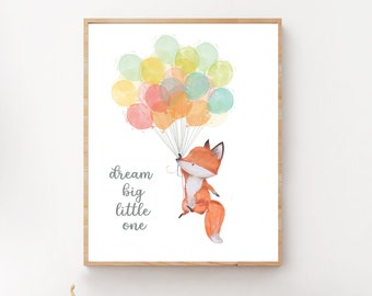 Watercolor FOX WALL ART, Fox Nursery Decor in Prints, fox with bunch of balloons, Girls or Boys Bedroom Decor, Fox Print  - H1342