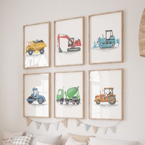 Construction Trucks Prints, Construction Nursery Decor, Boy Room Wall Art, Playroom Truck Vehicles Posters, Digital download, H2871