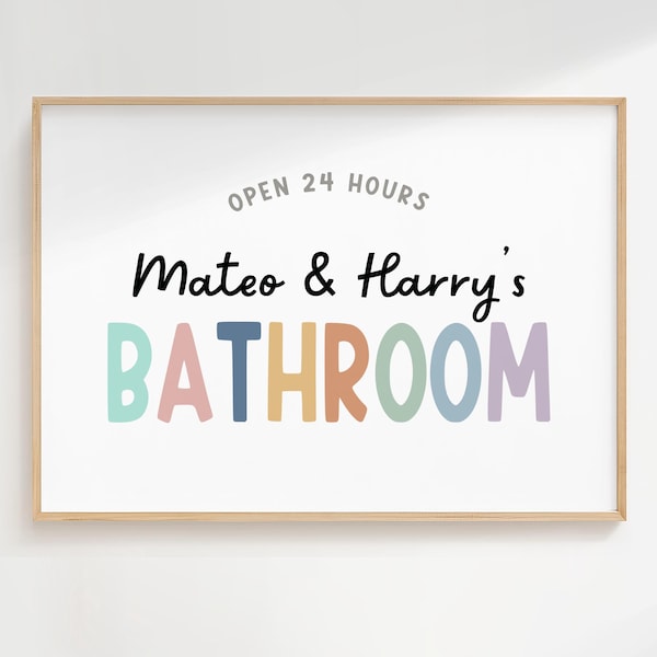 Personalized Kids Bathroom Sign – Custom Name Digital Print – Colorful Modern Bathroom Wall Art for Children - H3488