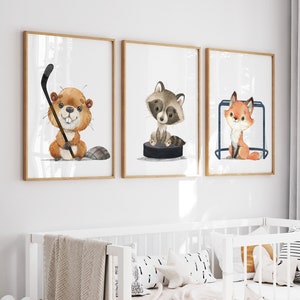 Animal sports nursery - Hockey nursery decor - Woodland Animal prints - Hockey Wall Art - H2933