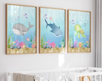 Under the sea nursery prints, Nautical Ocean animal posters, nursery decor for boys, Sea Animal Wall art, Playroom decor, Whale print, H2974