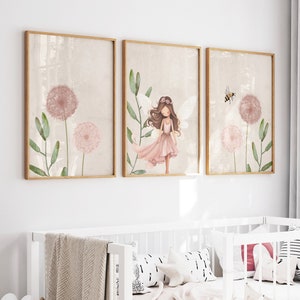 Verzauberte Fee Digitaldrucke mit rosa Pusteblumen, Fee Digitaldrucke, Löwenzahn Wandkunst, Kinderzimmer Kunst, Kinderzimmer Dekor