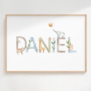 Stampa personalizzata con nome per cameretta, stampa murale con nome per bambini, stampa safari per cameretta, stampe con animali safari, stampa con nome per cameretta con animali safari, personalizzata