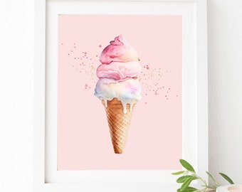 Pink ice cream wall art - Girl nursery print - Ice cream decor - Watercolor ice cream - Girls bedroom decor - Ice cream print - Pink Nursery