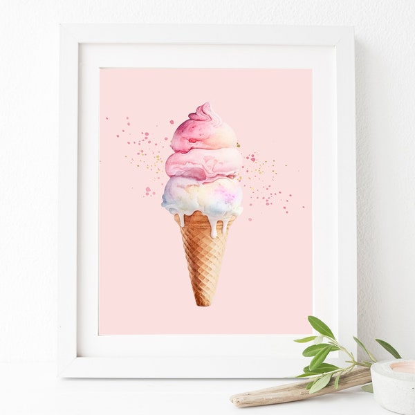 Art mural de crème glacée rose - Impression de pépinière de fille - Décor de crème glacée - Glace à l'aquarelle - Décor de chambre de filles - Impression de crème glacée - Pépinière rose