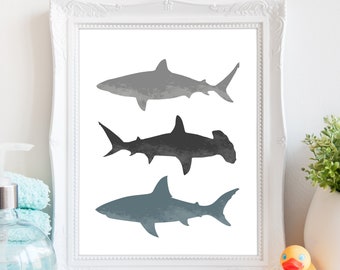 Boys Shark decor -  Shark wall art - Shark bathroom decor - Shark printable - Boys bedroom prints - Nautical nursery  - Bathroom shark