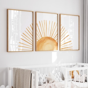 Decoración de guardería con sol, juego de 3 impresiones de sol, impresiones de sol en acuarela, impresión de arte de pared de guardería con puesta de sol bohemio, impresión de sol bohemio, pared de sol