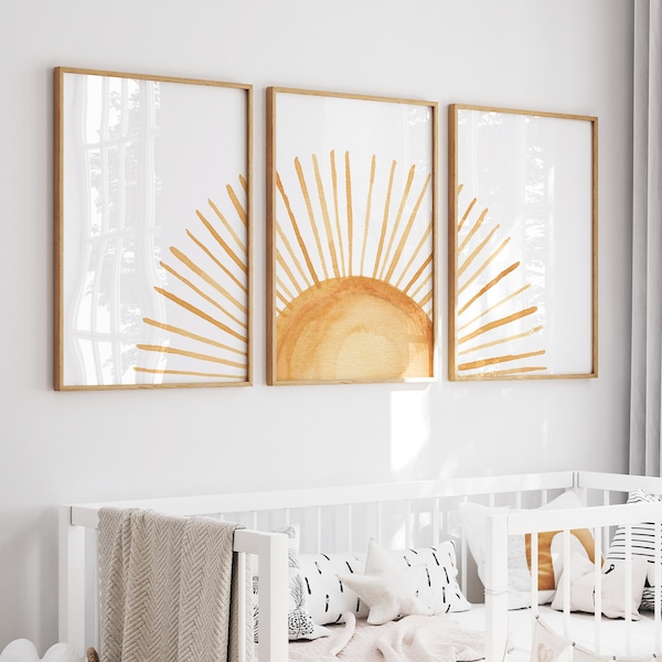 Sunshine nursery decor, Set of 3 sun prints, watercolor sun prints, Boho setting sun Nursery Wall art print, Boho Sunshine print, Sun wall