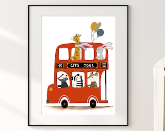 May include: A red double-decker bus with the words "City Tour" on the side.  The bus is filled with animals, including a giraffe, a rabbit, a raccoon, a zebra, and a deer.  There are balloons floating above the bus.