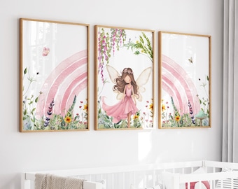 Fairy Garden prints, Fairy Rainbow Set of 3 Prints, Kids fairy prints, nursery wall art, nursery fairy theme decor, Digital Prints, H3025