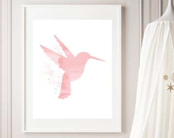 Pink hummingbird art print - Watercolor hummingbird print - Girls bedroom decor - Blush pink wall art - Hummingbird decor - Printable bird