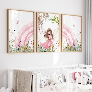 Feengarten Prints, Fee Regenbogen 3er-Set Prints, Kinder Feen Poster, Fee Thema Dekor, Digitaldruck, H3025