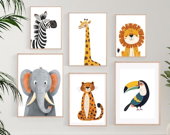 May include: A collection of six framed animal art prints. The prints feature illustrations of a zebra, giraffe, lion, elephant, cheetah, and toucan. The artwork is in a cartoon style with bright colors and a white background.
