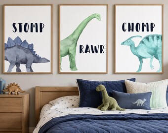 Dinosaur Nursery wall art - Set of 3 - Dinosaur prints - Boys bedroom art - Dinosaur nursery printable - Boys bedroom decor - Stomp Chomp