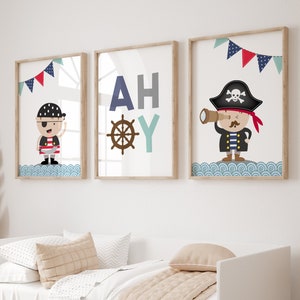 Boys Pirate room set of 3 prints.  One print with a Pirate Captain looking through a telescope and one print with a Pirate waving. Another print with "Ahoy" text.