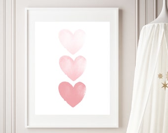 Watercolor hearts print - Heart print - Heart nursery decor - Pink watercolor print - Girls room decor - Printable girl wall decor - H1834