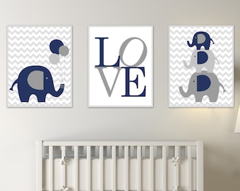 Baby Elephant Nursery Wall Art. Baby Boy Nursery Art. Suits Navy and Gray Nursery Decor. Includes Elephants and Love Art Print - H1111