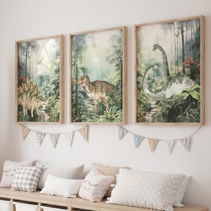 Decoración de dormitorio de dinosaurios - Arte de pared de dinosaurios imprimible - Láminas de dinosaurios - Juego de 3 láminas - Arte de pared de T-Rex - Láminas para habitación de niños pequeños - Bebé niño