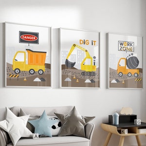 Boho Construction Trucks Prints, Construction Nursery Decor, Boy Room Wall Art, Playroom Truck Vehicles Posters, Digital file H2972