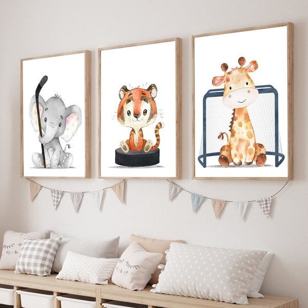 Hockey nursery - Hockey wall art - Hockey nursery print - Sports animals - Sport animal nursery - Hockey wall decor - Nursery sports decor