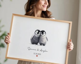 Personalized Penguin Couple Print - Custom Names & Date Gift - Cute Animal Wall Art - Anniversary Digital or Printed Artwork - H3541