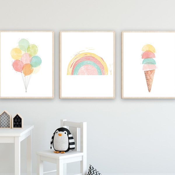 Pastel nursery decor - Baby girl wall art- Pastel nursery print - baby girl room art - balloons  - pastel rainbow - Ice cream - H2229